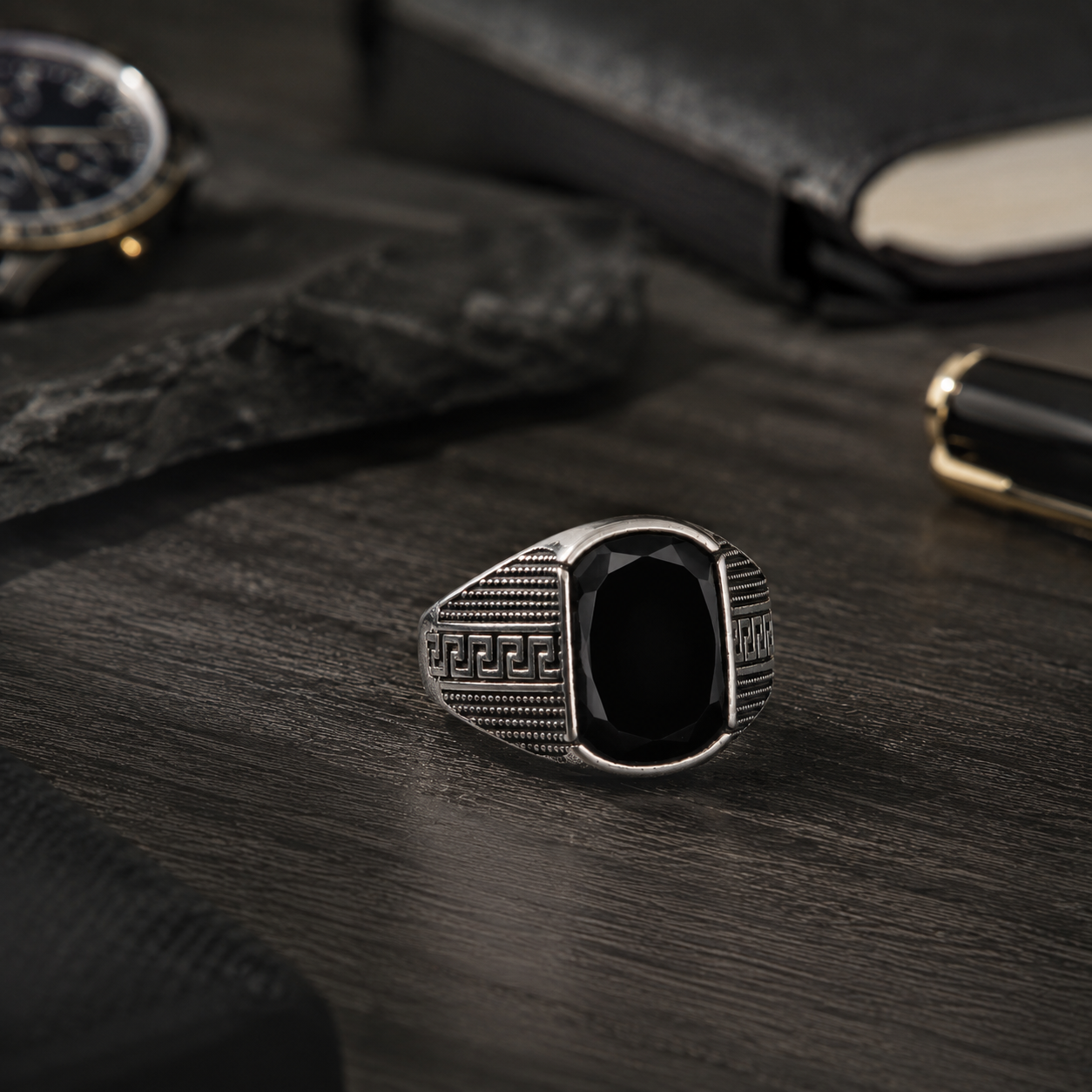 Men’s Greek Key Statement Ring - Classic Onyx & Gemstone Collection - Premium Vintage Style - SELLWAY