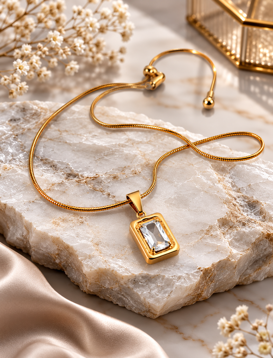 Elegant Emerald-Cut Crystal Pendant Necklace - Gold-Plated Adjustable Chain - Luxury Jewelry by SELLWAY