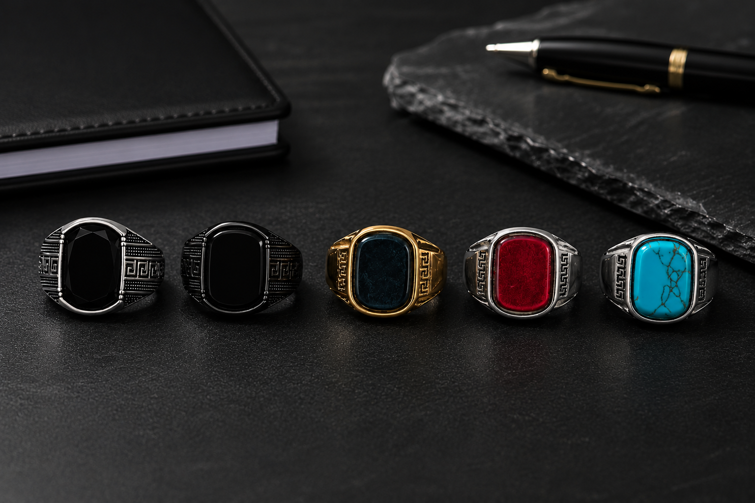 Men’s Greek Key Statement Ring - Classic Onyx & Gemstone Collection - Premium Vintage Style - SELLWAY